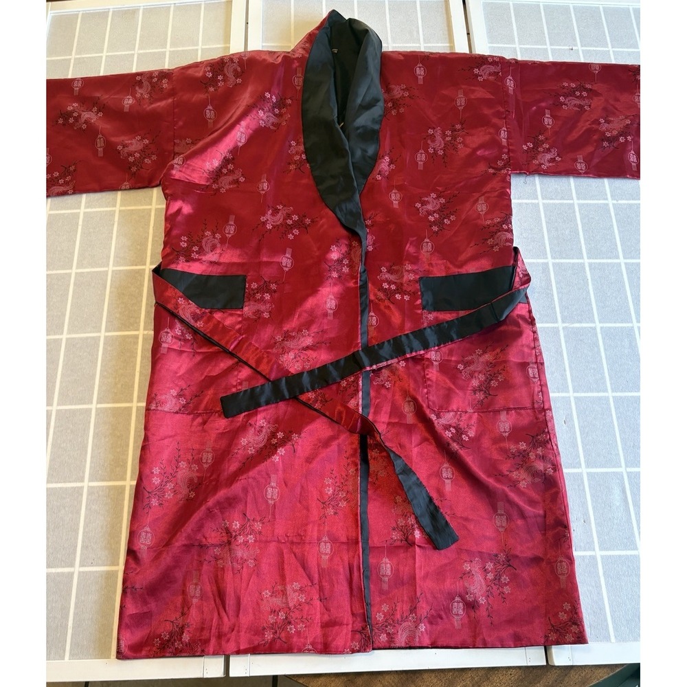 VTG‎ Asian Inspired Dragon Embroidered Satin Kimono Reversible Robe Unisex Sz M